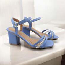 Women's Sandals, Elegant Block Heel, Medium, Shiny, Buckle Closure, Colors: Black, , Nude, Blue - Azul - Ver 1