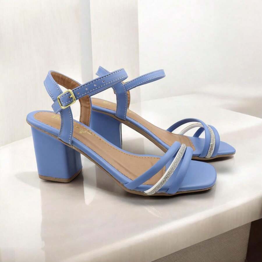 Women's Sandals, Elegant Block Heel, Medium, Shiny, Buckle Closure, Colors: Black, , Nude, Blue - Azul - Ver 1