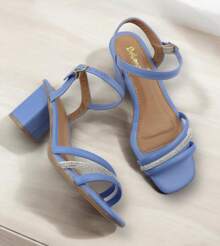 Women's Sandals, Elegant Block Heel, Medium, Shiny, Buckle Closure, Colors: Black, , Nude, Blue - Azul - Ver 3