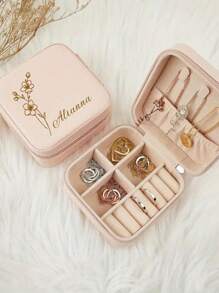 1pc Personalized Leather Jewelry Box Engraved Name & Birth Flower Perfect Gift For Valentine's Day, Bridesmaid Or Mothers
