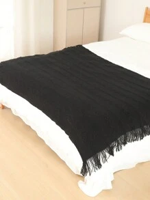 A Wave Pattern Bedspread, Nordic-Style Acrylic Rectangular Tassel Solid Color Sofa Bed Cover Decorative Knitted Blanket For Nap - Vertical Three Bend Black - View 4
