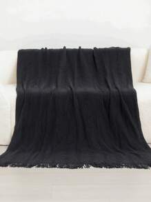A Wave Pattern Bedspread, Nordic-Style Acrylic Rectangular Tassel Solid Color Sofa Bed Cover Decorative Knitted Blanket For Nap - Vertical Three Bend Black - View 3
