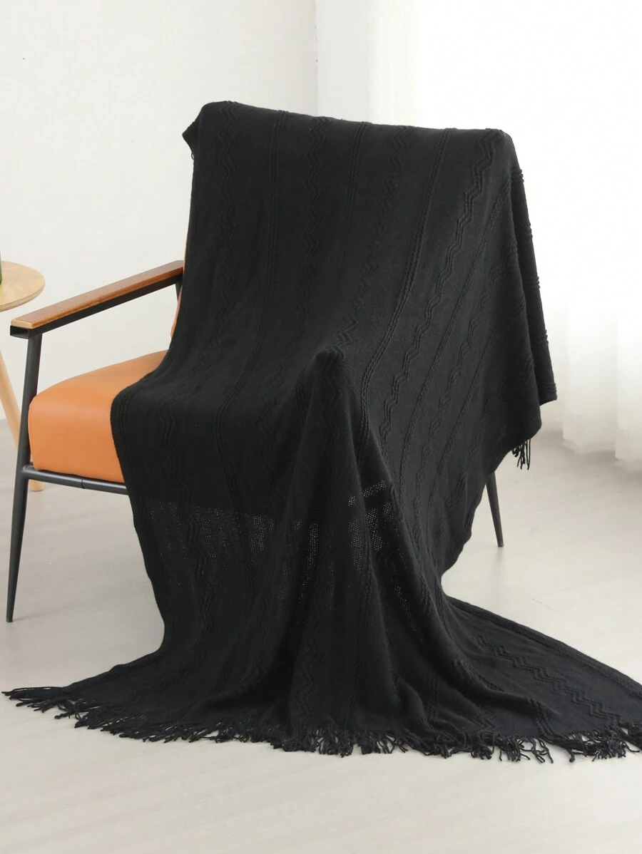 A Wave Pattern Bedspread, Nordic-Style Acrylic Rectangular Tassel Solid Color Sofa Bed Cover Decorative Knitted Blanket For Nap - Vertical Three Bend Black - View 1