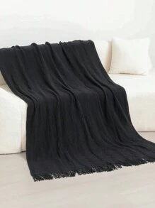 A Wave Pattern Bedspread, Nordic-Style Acrylic Rectangular Tassel Solid Color Sofa Bed Cover Decorative Knitted Blanket For Nap - Vertical Three Bend Black - View 2