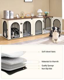 HEXCELEN Dog Crate Furniture, Dog Cage, 71" Heavy Duty Dog Kennels With Divider, Pads, Side Table, TV Cabinet, Wooden Dog Crate Furniture For 2 Dogs, Small/Medium/Large Dog, Anti-Chew, Anti-Escape,  Dog House, White Brown - 白色 棕色 - 查看 4