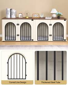 HEXCELEN Dog Crate Furniture, Dog Cage, 71" Heavy Duty Dog Kennels With Divider, Pads, Side Table, TV Cabinet, Wooden Dog Crate Furniture For 2 Dogs, Small/Medium/Large Dog, Anti-Chew, Anti-Escape,  Dog House, White Brown - 白色 棕色 - 查看 6