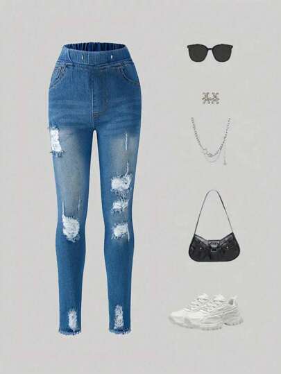 Tween Girls Distressed Frayed Knotted Waist Denim Jeans, All-Season