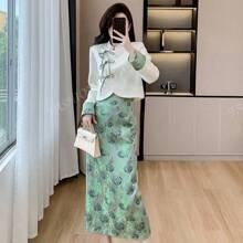 RUIWY 2pcs Women Autumn Fashion High-End Drawstring Elegant Beige Blouse & Green Mid-Length Skirt Outfit