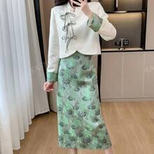 RUIWY 2pcs Women Autumn Fashion High-End Drawstring Elegant Beige Blouse & Green Mid-Length Skirt Outfit