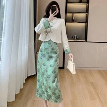 RUIWY 2pcs Women Autumn Fashion High-End Drawstring Elegant Beige Blouse & Green Mid-Length Skirt Outfit