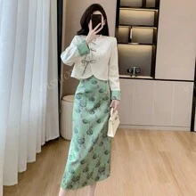 RUIWY 2pcs Women Autumn Fashion High-End Drawstring Elegant Beige Blouse & Green Mid-Length Skirt Outfit