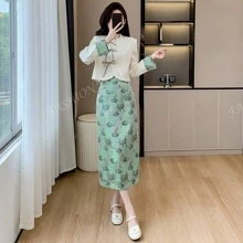 RUIWY 2pcs Women Autumn Fashion High-End Drawstring Elegant Beige Blouse & Green Mid-Length Skirt Outfit