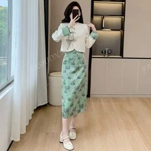 RUIWY 2pcs Women Autumn Fashion High-End Drawstring Elegant Beige Blouse & Green Mid-Length Skirt Outfit