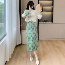 RUIWY 2pcs Women Autumn Fashion High-End Drawstring Elegant Beige Blouse & Green Mid-Length Skirt Outfit