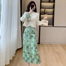 RUIWY 2pcs Women Autumn Fashion High-End Drawstring Elegant Beige Blouse & Green Mid-Length Skirt Outfit