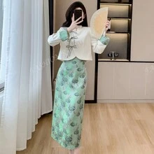 RUIWY 2pcs Women Autumn Fashion High-End Drawstring Elegant Beige Blouse & Green Mid-Length Skirt Outfit