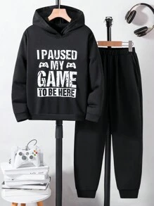 Cậu bé Tween Đồ họa Khẩu hiệu Áo Hoodie & Quần thể thao - màu đen - Xem 1