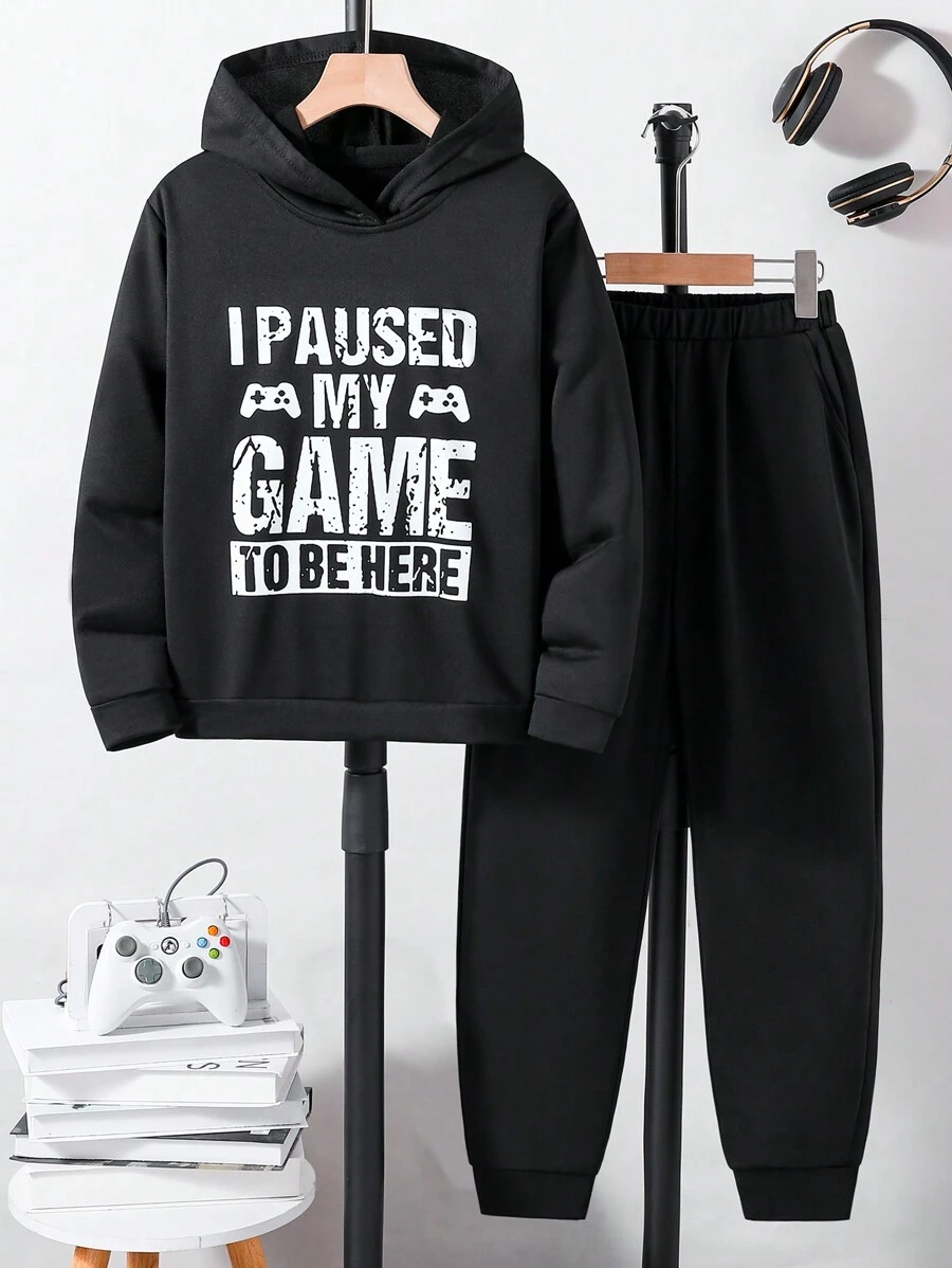 Cậu bé Tween Đồ họa Khẩu hiệu Áo Hoodie & Quần thể thao - màu đen - Xem 1