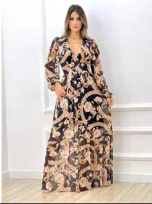 Long Sleeve Dress In Printed Tulle - Black and Gold - View 1