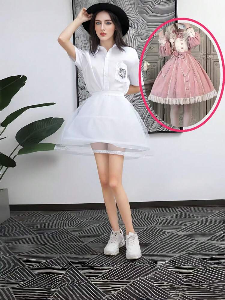 1 Peça Anágua Curta Branca, Ajustável com 2 Aços e 1 Tule de Renda, Adequada para Anime Expo, Casamento, Festa, Cosplay - Branco - Visão 8