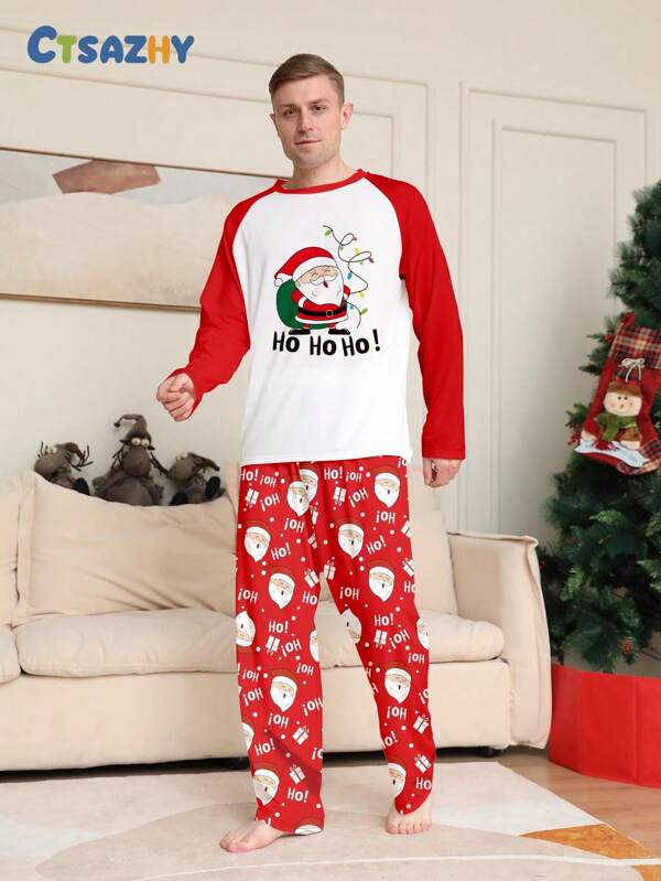 2 stuks kerstman brief print lange mouw top en grafische broek nachtkleding set voor mannen