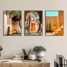 1/3 pièces Ensemble de peinture de paysage de l'hôtel et de la station balnéaire les plus luxueux en Afrique et au Moyen-Orient, impression sur canevas sans cadre moderne, galerie Amanjena, station balnéaire de luxe de Marrakech, affiche murale artistique pour salon, chambre à coucher, dortoir et décoration marocaine de la maison, cadeau parfait