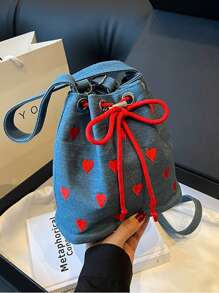 心形手提包、单肩包、抽绳手提帆布水桶包 - 藍色 - 查看 3