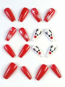24 pièces/set Faux ongles longs de Noël, kit d'ongles avec design de flocons de neige et d'élans, convient pour les fêtes, la danse ou le port pendant les vacances