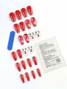 24 pièces/set Faux ongles longs de Noël, kit d'ongles avec design de flocons de neige et d'élans, convient pour les fêtes, la danse ou le port pendant les vacances