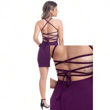 Short Dress With Open Back And Ribbed Bias Slim 51322A - 紫色 - 查看 5