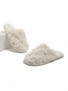 2024 新款蓬松一脚蹬拖鞋，厚底，优雅，室内/室外，女士秋冬，舒适，防滑，保暖衬里 - 白色 - 查看 6