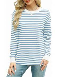 Tricot à col ras-du-cou à manches longues décontracté avec imprimés rayés et floraux 2024 pour femme - Bleu et Blanc - Voir 1