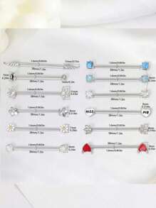 1 件心形方晶锆石樱桃水晶不锈钢工业杠铃耳环，长螺旋耳锥塞，适合女性日常佩戴耳洞首饰情人节 - 銀色 - 查看 10