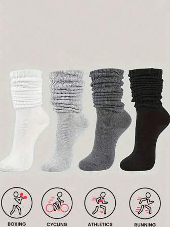4 Pairs Solid Slouch Socks, Thick Simple & Warm Calf Socks For Fall & Winter, Women's Socks