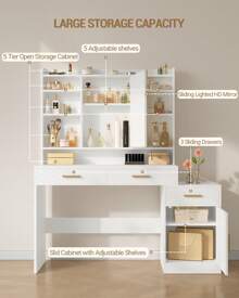HEXCELEN Large Vanity Desk With Light Mirror, Makeup Vanity Dressing Table With 3 Drawers, Adjustable Shelves, Storage Cabinet, Bedroom Vanity Table For Girls Women(Christmas,Valentine's Day, Birthday, Women's Day),White - 白色 - 查看 5