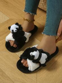 立体熊猫元素黑白居家室内舒适防滑休闲时尚个性款情侣男女露趾毛毛拖鞋 - 黑與白 - 查看 4