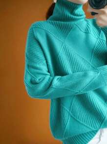 大码女式纯色高领长袖套头毛衣，秋冬款 - 藍色 - 查看 2