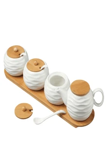 4 Piece Ceramic Storage Jar With Bamboo Spoon Stand