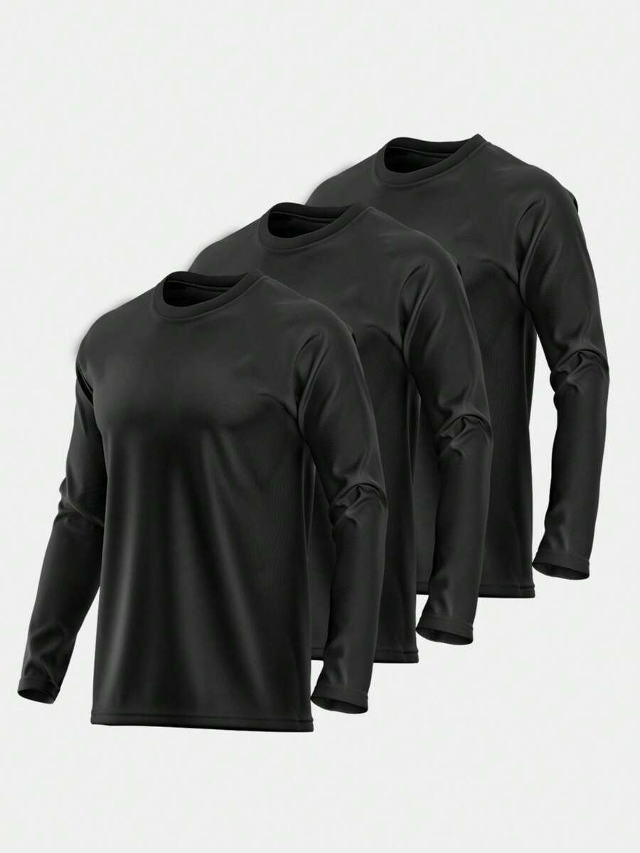 Kit Of 3 Men's Long Sleeve T-Shirts, Second Skin Dry, Plain Gym, Black - 黑色 - 查看 1