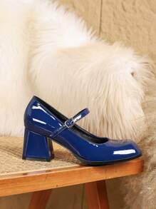 Fall/Winter Small Size Women's High Heel Mary Jane Shoes, Square Toe Thick Heel Pumps In Red, Blue, Plus Size, Elegant,Chunky Heels - Dusty Blue - View 5