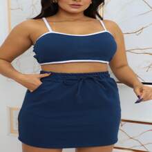 LILLY Set - Skirt With High-Waisted Pockets + Two-Tone Cropped Top With Thin Straps And Padded Bra | Modern And Beautiful - 藏蓝色 - 查看 1