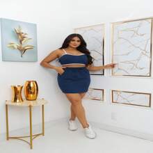 LILLY Set - Skirt With High-Waisted Pockets + Two-Tone Cropped Top With Thin Straps And Padded Bra | Modern And Beautiful - 藏蓝色 - 查看 5