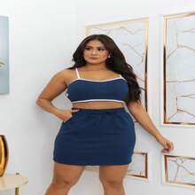 LILLY Set - Skirt With High-Waisted Pockets + Two-Tone Cropped Top With Thin Straps And Padded Bra | Modern And Beautiful - 藏蓝色 - 查看 3