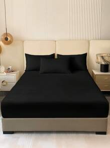 2/3pcs Solid Color Fitted Sheet Set, Bedding Set, Fitted Sheet Set, Bed Cover Set, Mattress Protector Set, Soft & Comfortable Bedroom Bedding, Deep Pocket Breathable Mattress Cover Set, Durable & Breathable Home Decor, Fits Various Bed Sizes - King, Queen, Double, Single, Includes 1/2 Pillowcase(S), Machine Washable - Black - View 8