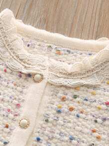 2 件年轻女孩复古风格优雅纹理珍珠纽扣开衫和针织中长裙套装，柔软触感长袖，适合春季、秋季、冬季拍摄、度假、派对 - 白色 - 查看 4