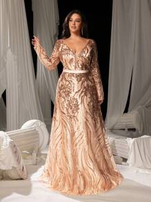 Elisanya Plus Plunging Neck Lace Up Back Floral Sequin Prom Dress, Elegant Long Sleeve Formal Evening Gown, For Wedding Guest, Graduation, Dinner Party Dress