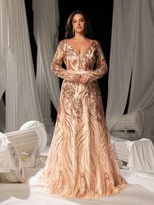 Elisanya Plus Plunging Neck Lace Up Back Floral Sequin Prom Dress, Elegant Long Sleeve Formal Evening Gown, For Wedding Guest, Graduation, Dinner Party Dress