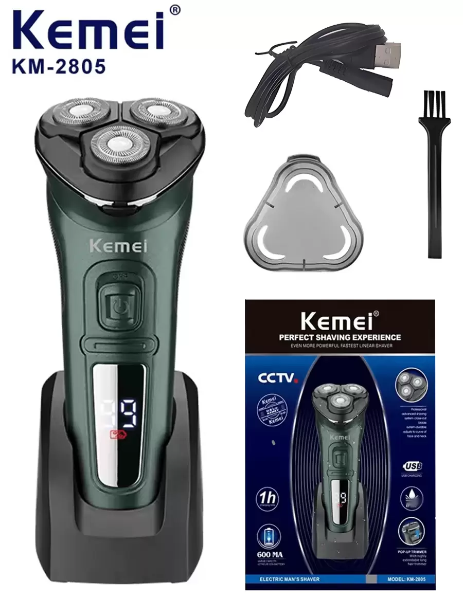 Kemei 科美 KM-2805 旋转式电动剃须刀 - 3D 刀片，防夹技术 | USB-C 快速充电 + 90 分钟使用 | 男士防过敏修剪器 | 父亲节礼物 - 墨綠色 - 查看 1
