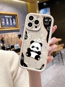 1 件简约熊猫日光浴图案米色加厚防震镜头全覆盖保护手机壳，用户的时尚之选，兼容 Apple///Infinix/Vivo/Oppo