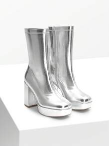 Women's Chunky Platform Mid-Calf Boots Waterproof Square Toe Fashionable Lightweight Comfort Elegant Bright Solid Color Side Zipper Classic For Parties Dress Festival Ankle Go Go Silver Boots - 銀色 - 查看 8